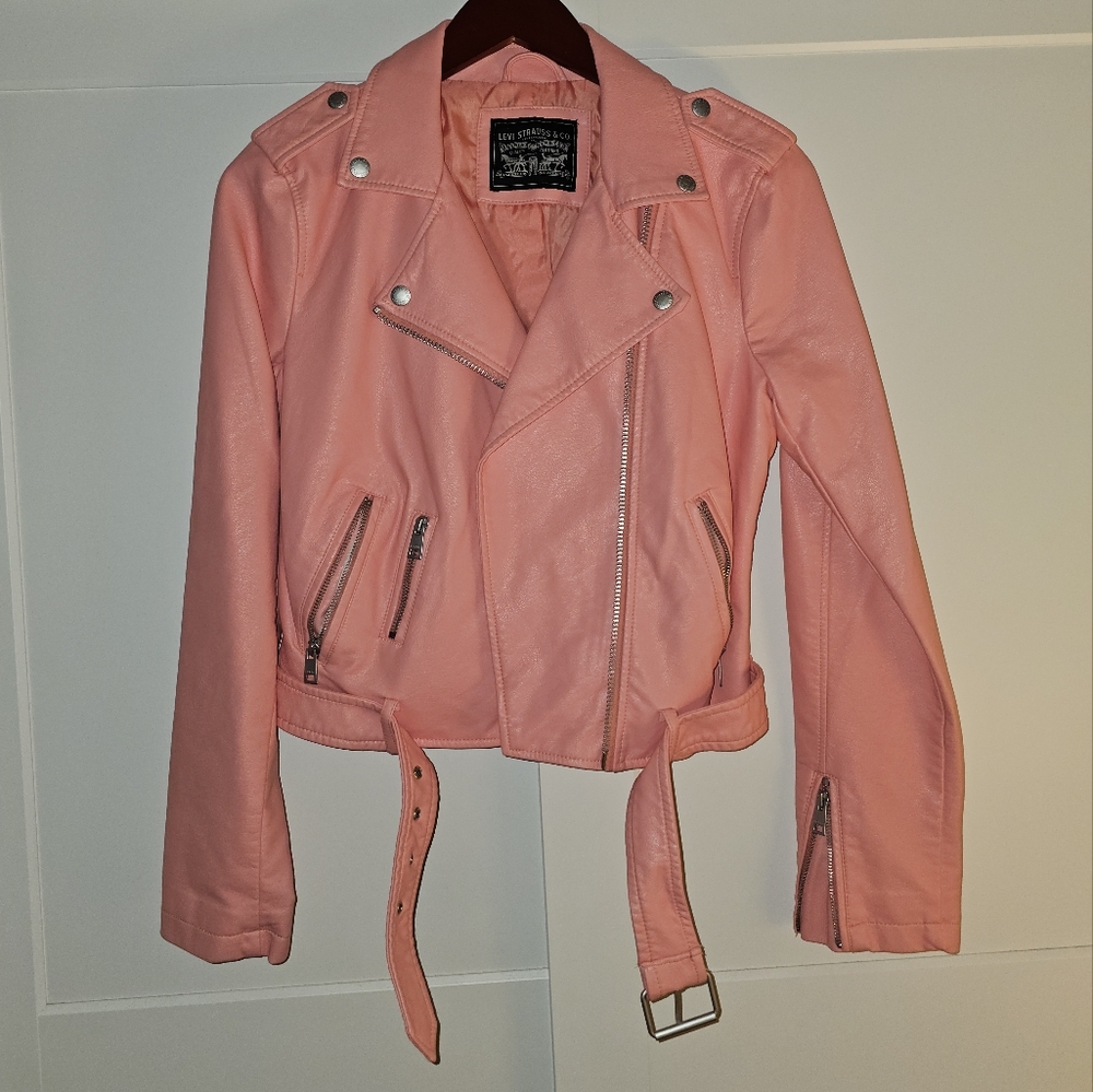 Flamingo pink Levi's pleather moto jacket